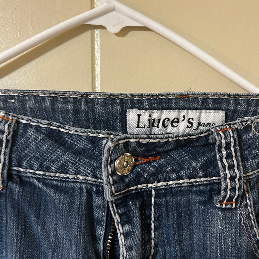 Liuce's Jeans Womens Size 9 Fleur de Lis Rhinestone Distressed Y2K Blue Denim